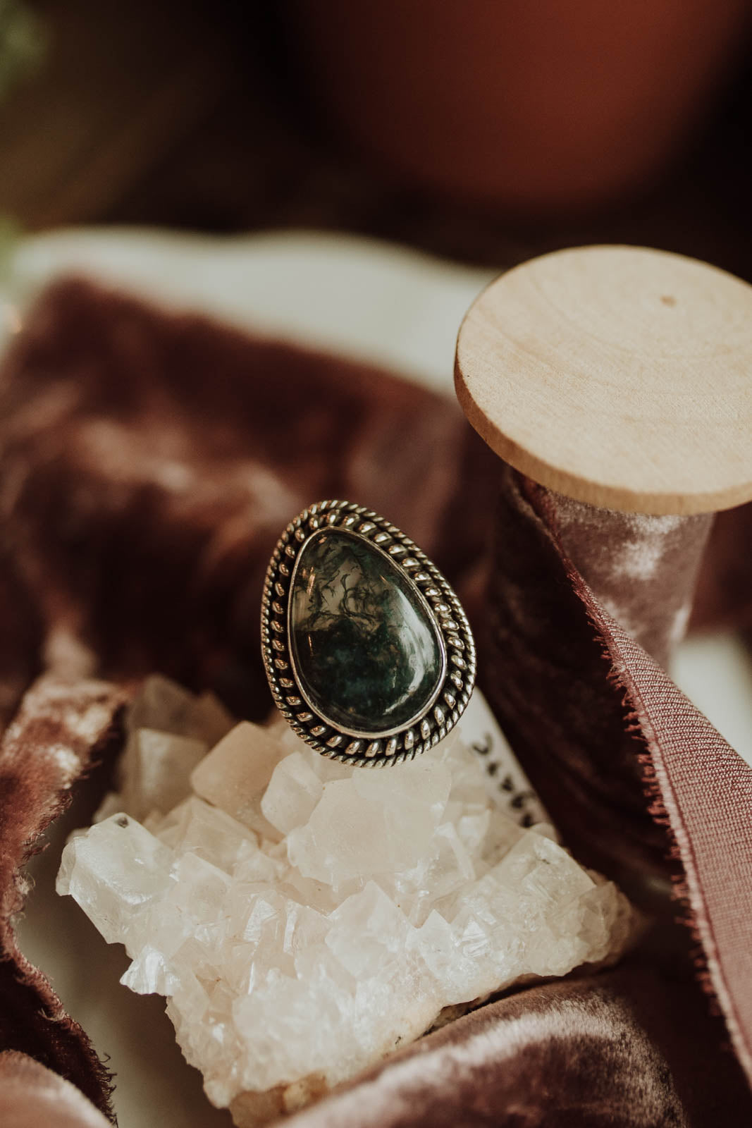Moss Agate Teardrop Ring - Sterling Silver PBM26