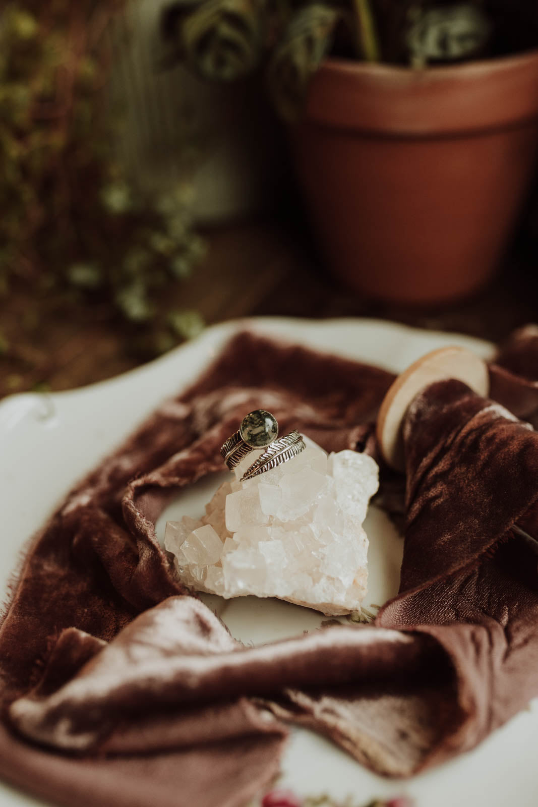 Moss Agate Feather Wrap Ring - Sterling Silver PBM26