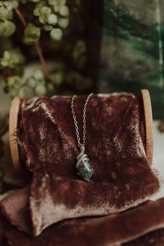 Moss Agate Snake Charm Necklace