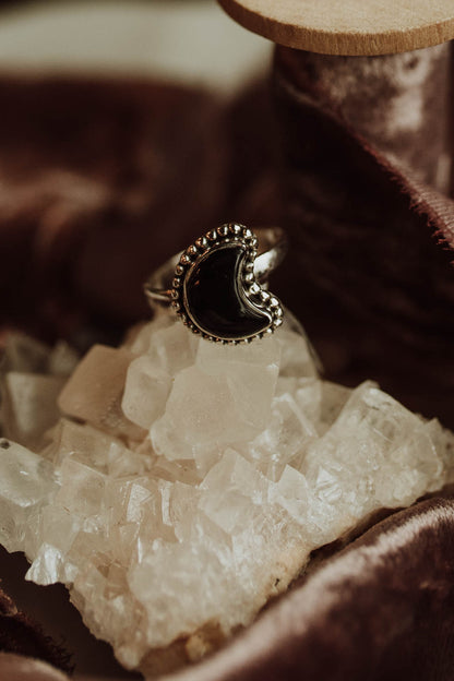 Black Onyx Moon Ring - Sterling Silver PBM26