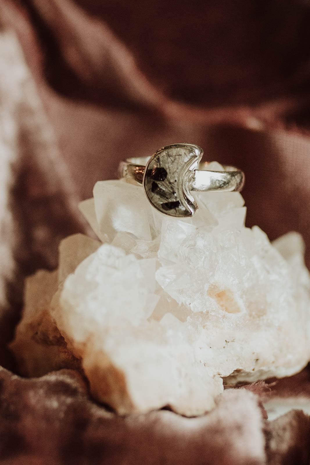 Black Rutile Moon Ring - Sterling Silver PBM26