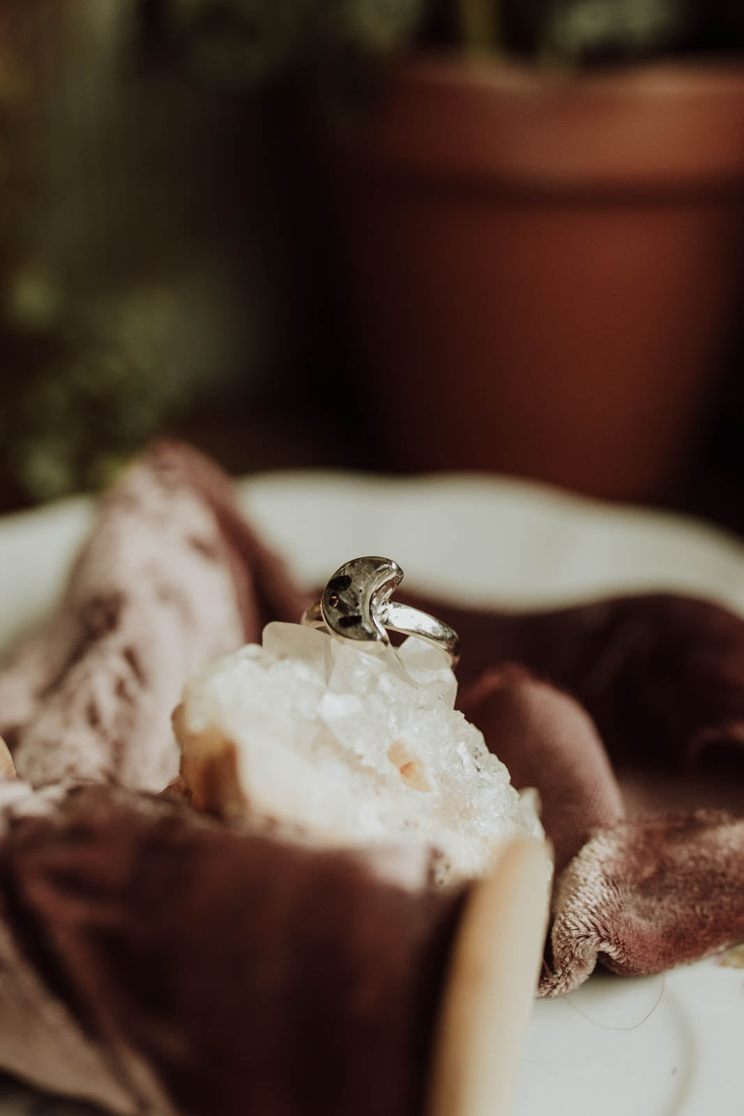 Black Rutile Moon Ring - Sterling Silver PBM26