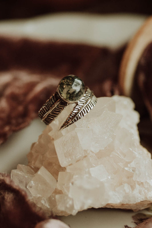 Moss Agate Feather Wrap Ring - Sterling Silver PBM26