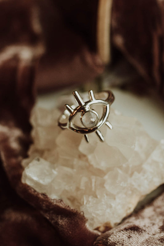 Rainbow Moonstone Evil Eye Ring - Sterling Silver PBM26