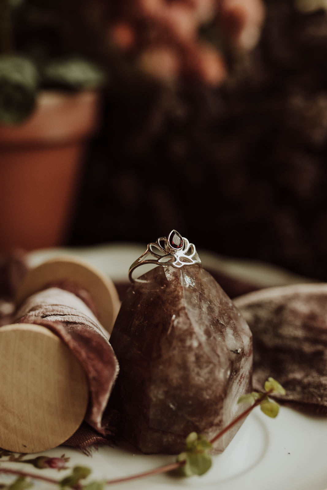 Sacred Lily Garnet Sterling Lotus Ring