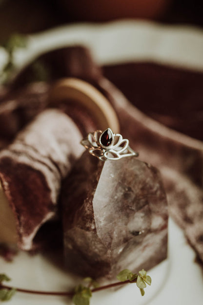 Sacred Lily Garnet Sterling Lotus Ring