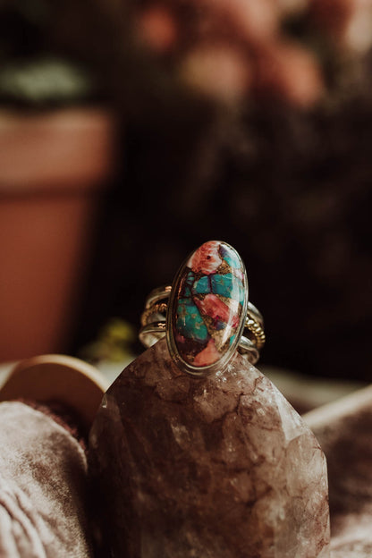 Sunset Pink Oyster Turquoise Sterling & Brass Ring