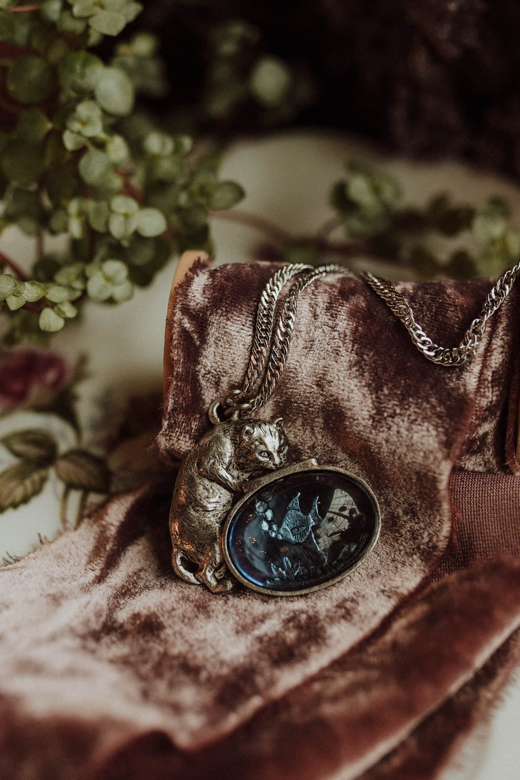 Whimsical Cat & Fish Pendant Necklace