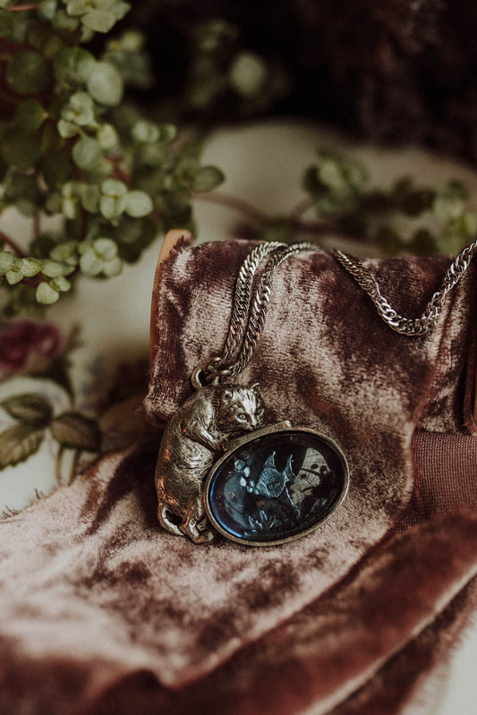 Whimsical Cat & Fish Pendant Necklace